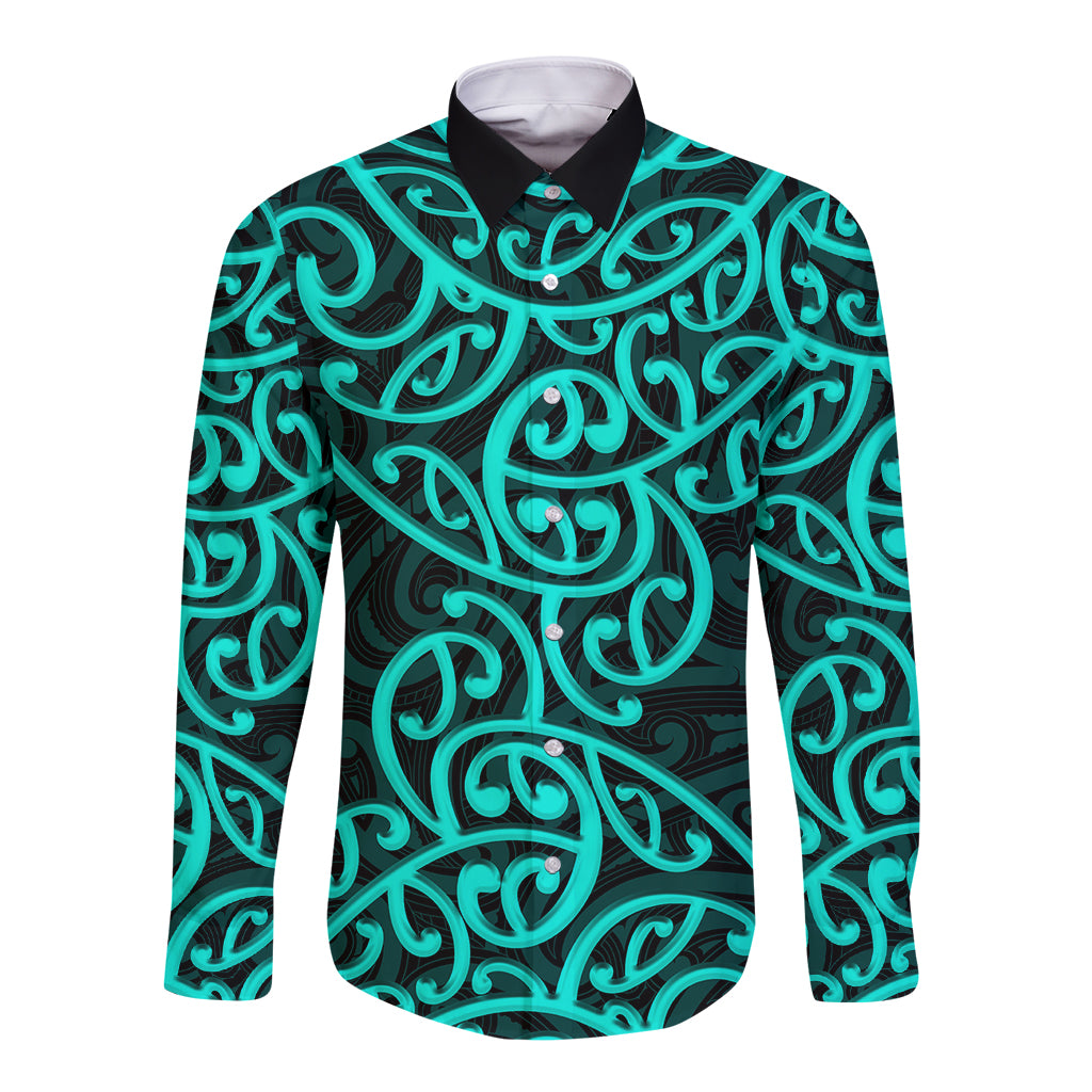 Long sleeve button shirt with turquoise Maori swirl pattern, black collar and cuffs