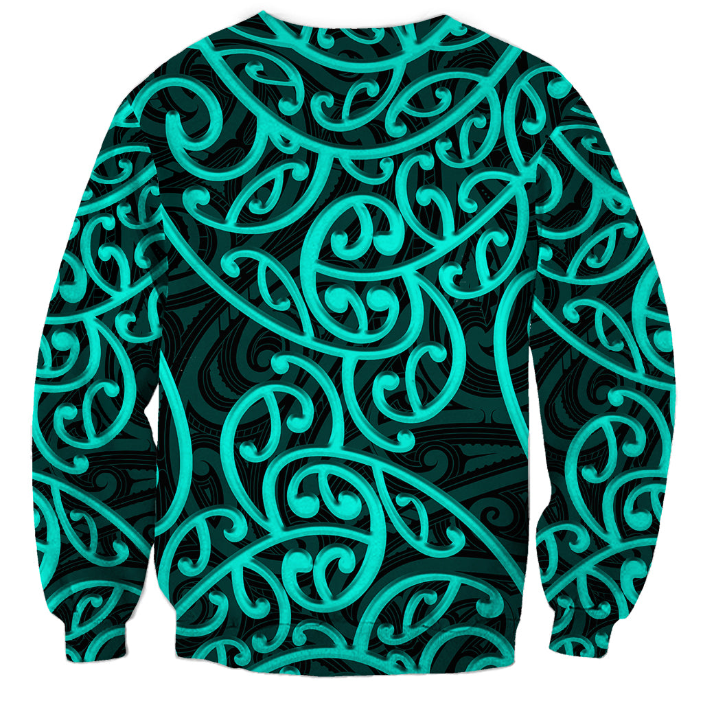 Unisex crewneck sweatshirt with bold turquoise scroll pattern on dark green