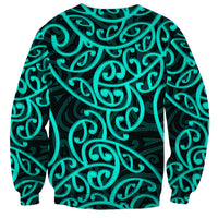 Unisex crewneck sweatshirt with bold turquoise scroll pattern on dark green