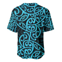 Baseball jersey back with turquoise and dark Maori swirl pattern, crew collar