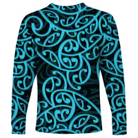 Unisex crew-neck long-sleeve shirt, teal Maori scroll motif on dark blue