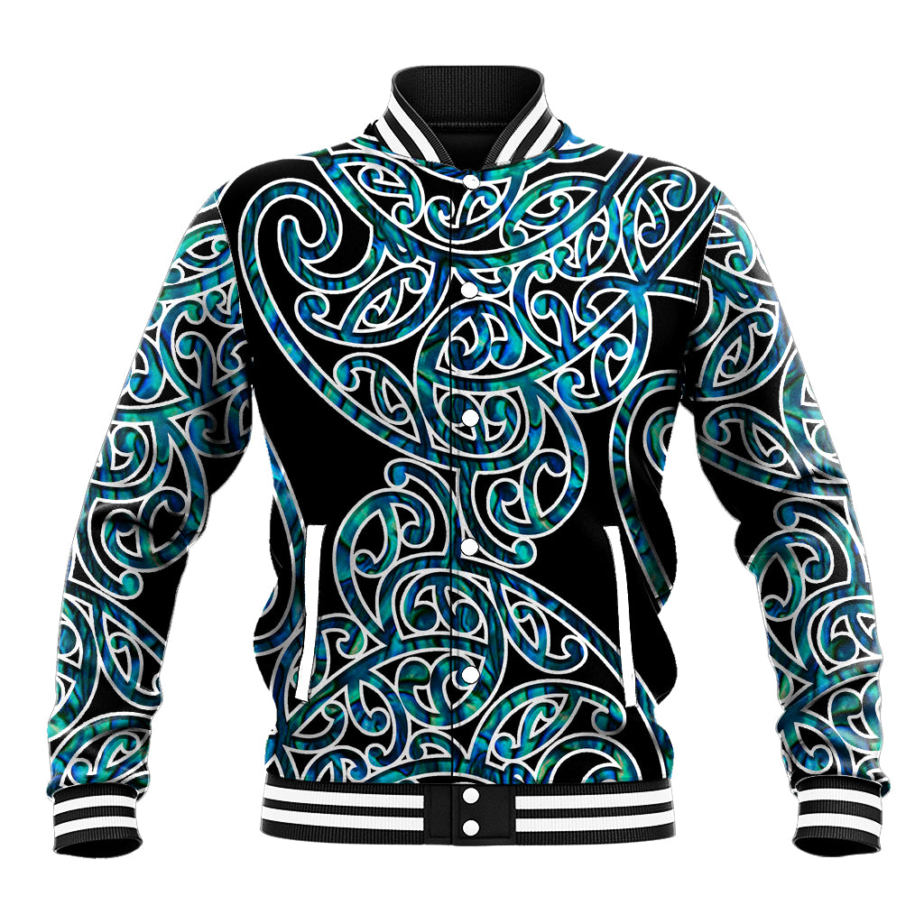 Unisex baseball jacket with black base, teal/green tribal pattern and striped rib collar
