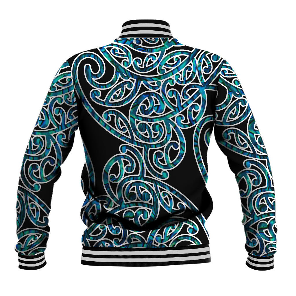 Unisex baseball jacket back with teal/green tribal print, black base, striped rib cuffs