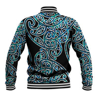 Unisex baseball jacket back with teal/green tribal print, black base, striped rib cuffs