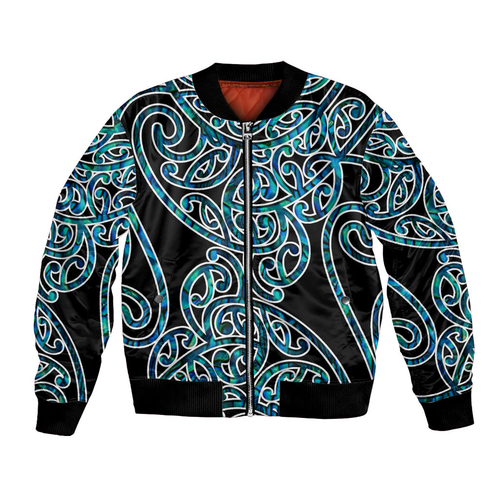 Black bomber jacket with teal swirl graphic, zip-front and ribbed trim