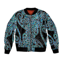 Black bomber jacket with teal swirl graphic, zip-front and ribbed trim