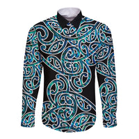 Front long sleeve button shirt with Maori pattern, teal and blue swirls on dark base