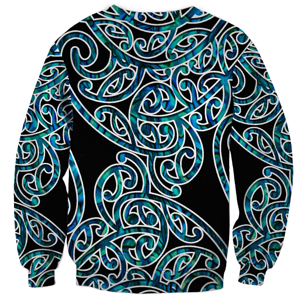 Unisex crewneck sweatshirt with all-over teal and green tribal swirl design on black