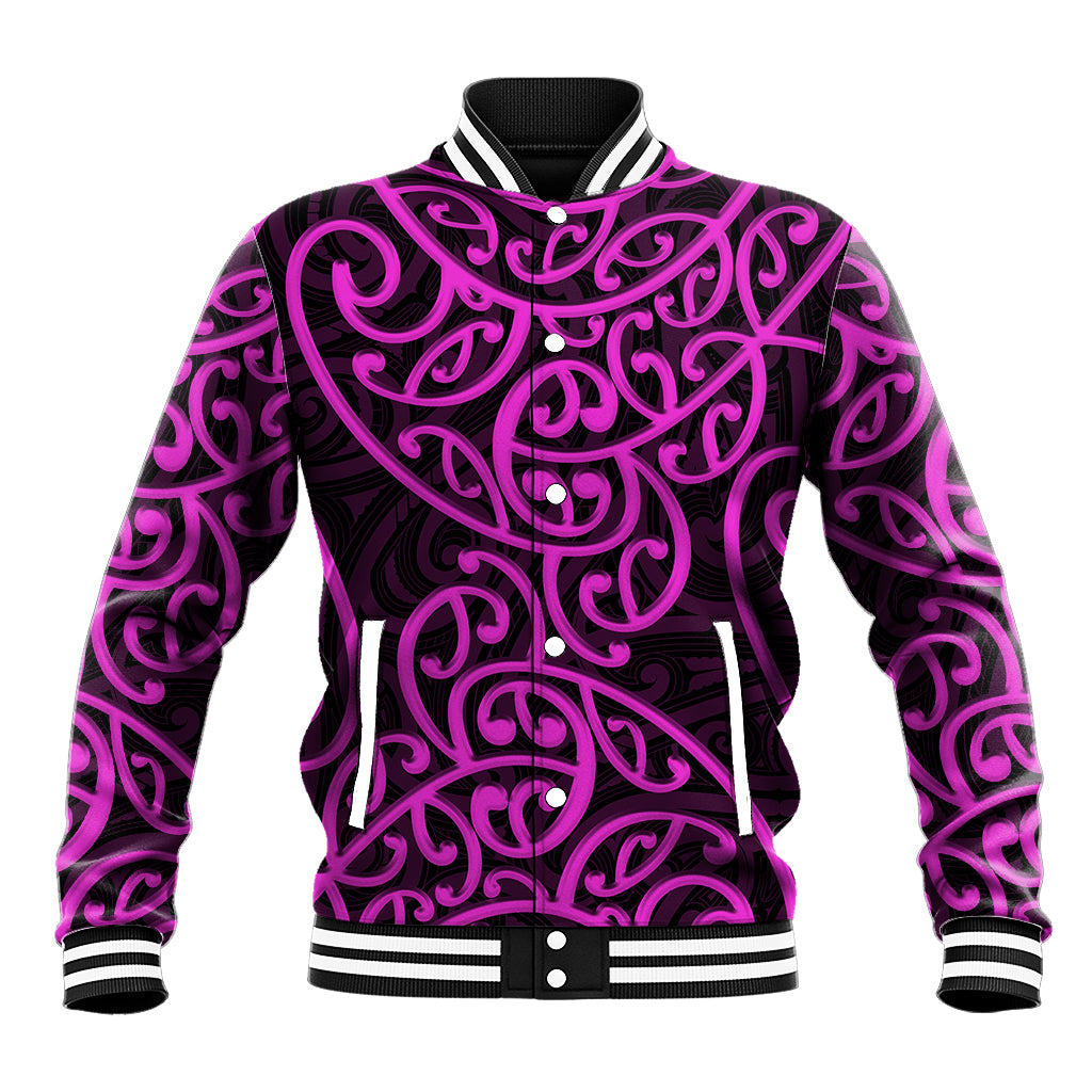 Purple baseball jacket with Maori-style swirling pattern, ribbed collar, cuffs, and hem