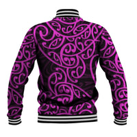 Purple baseball jacket back with Maori-style swirling pattern, ribbed stand collar and cuffs