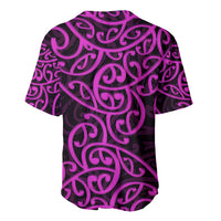 Purple baseball jersey with swirling Maori-style pattern, crew collar, short sleeves
