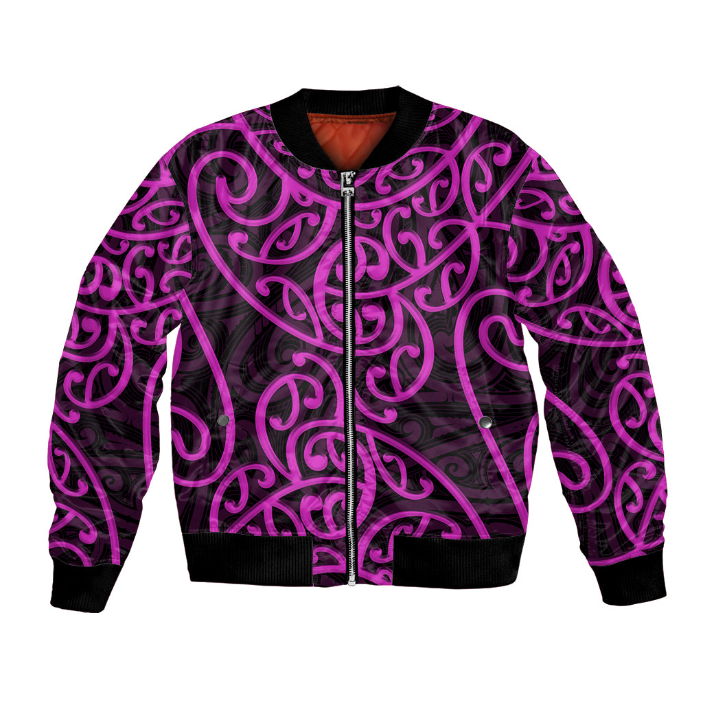 Bomber jacket, dark purple/black Maori swirl pattern, front zip