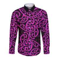 Purple long-sleeve button shirt with Maori-style swirl pattern, front view.