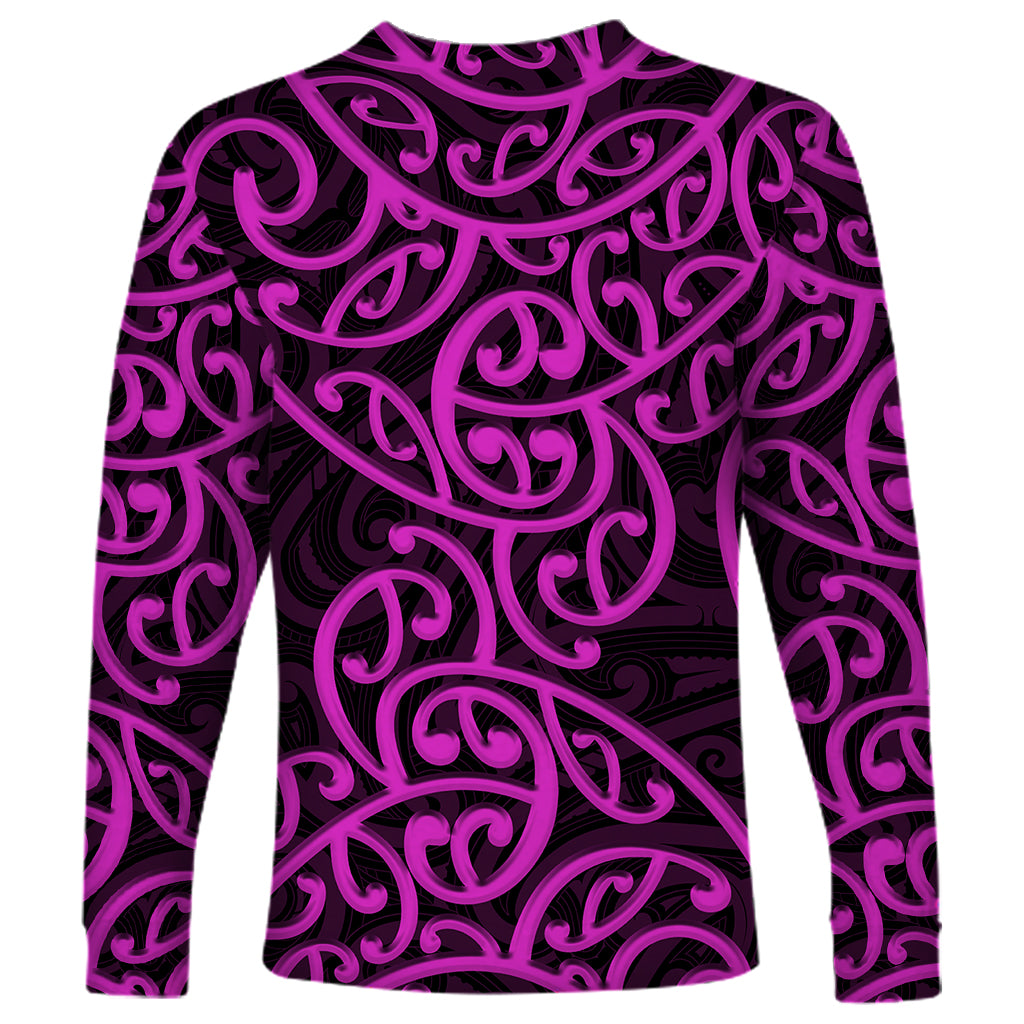 Purple crewneck long-sleeve shirt with black and pink swirling Maori-style pattern