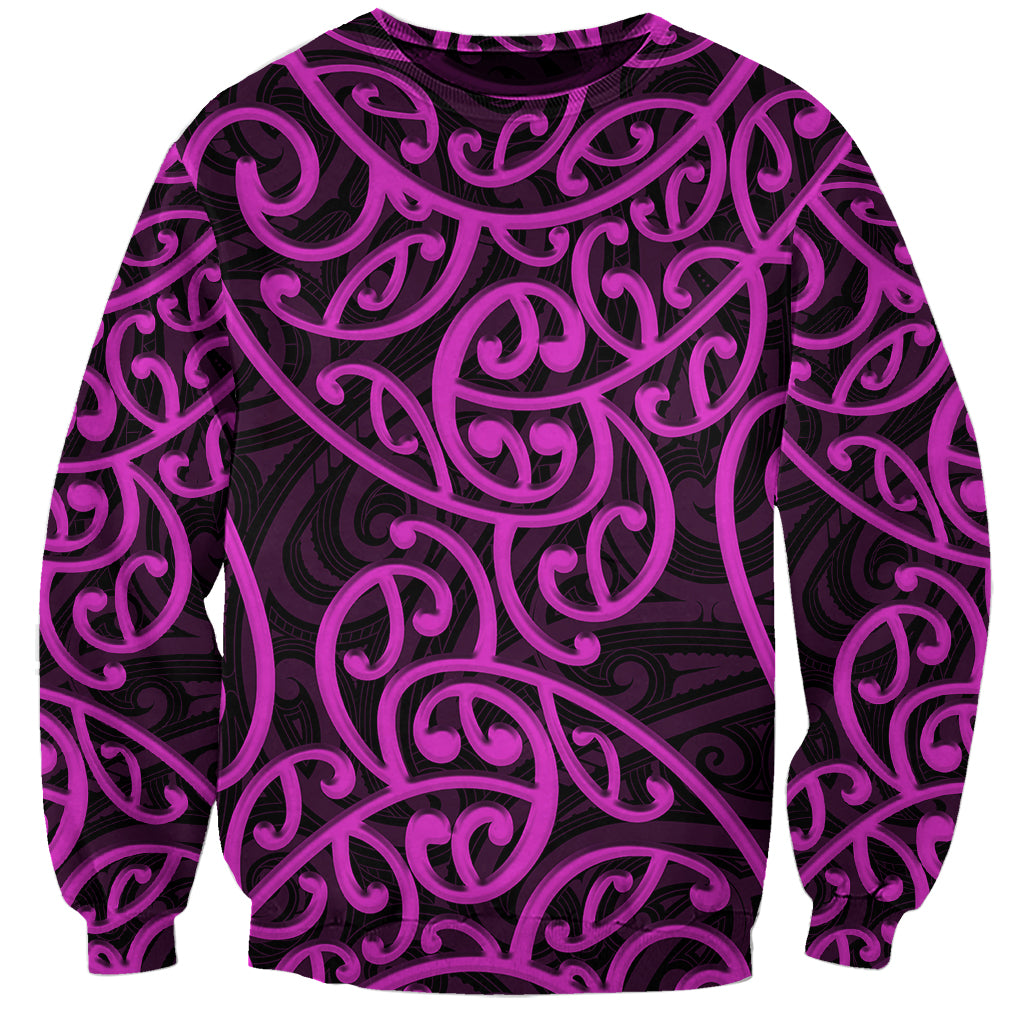 Unisex crewneck sweatshirt, purple with black and pink swirl Maori-style pattern