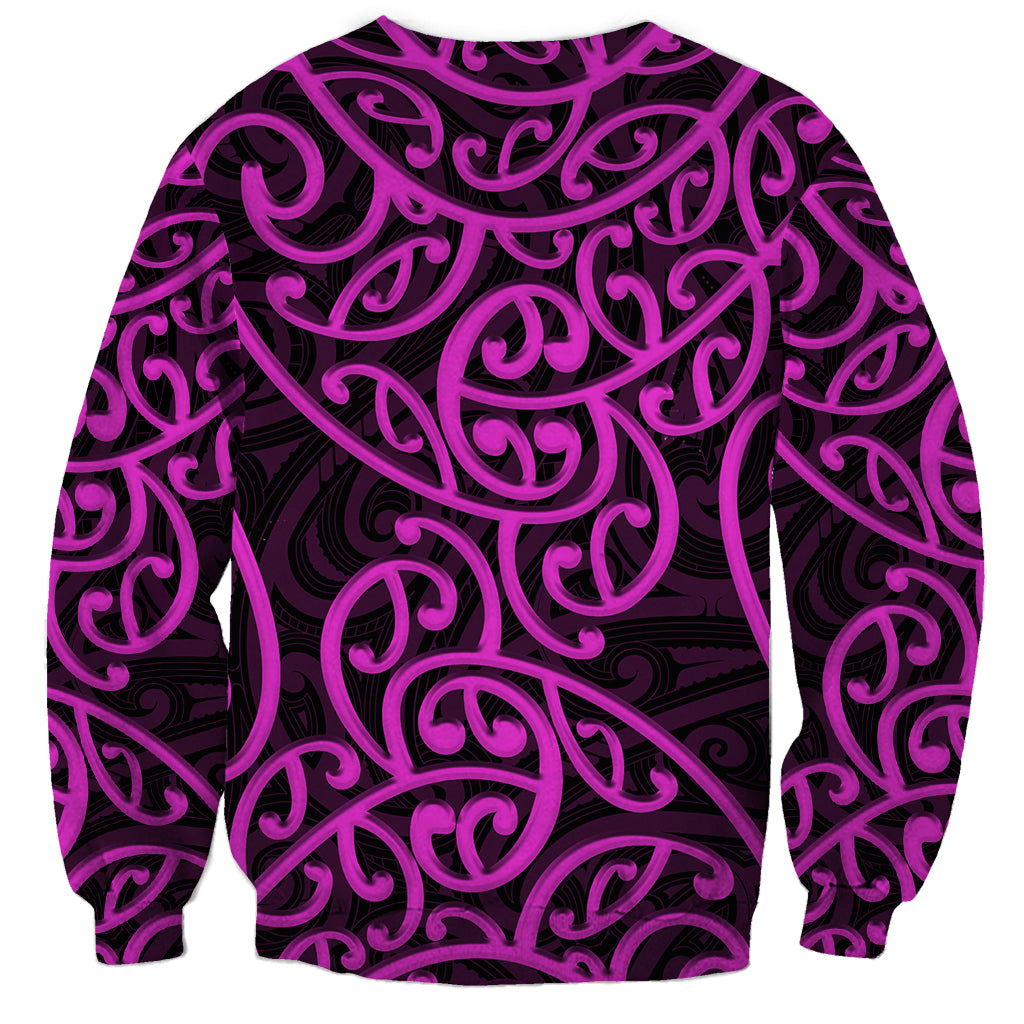 Unisex crewneck sweatshirt, all-over purple swirl Maori-style print with pink accents