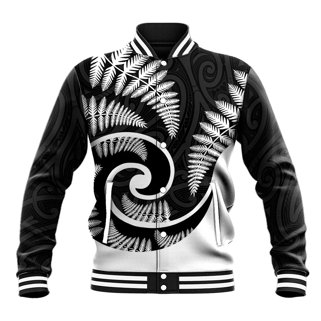 Unisex black baseball jacket with white Maori-style pattern, ribbed varsity collar
