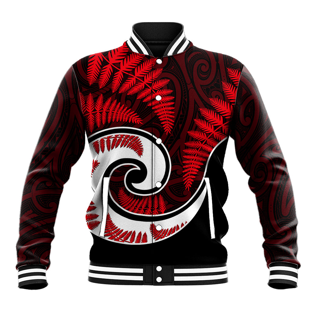 Unisex red and black baseball jacket with large white fern graphic and striped collar