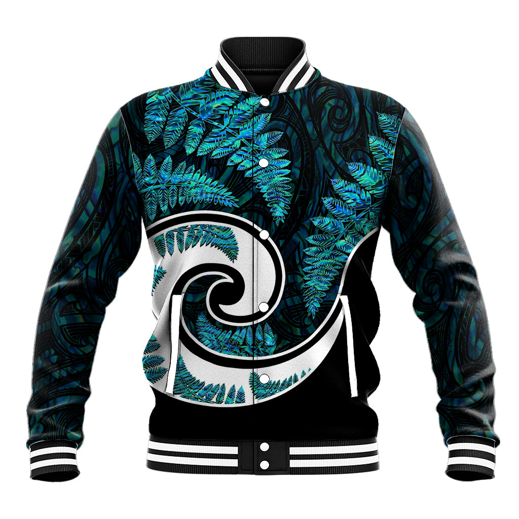 Green and black baseball jacket with blue feather and Maori-style eye print, ribbed cuffs