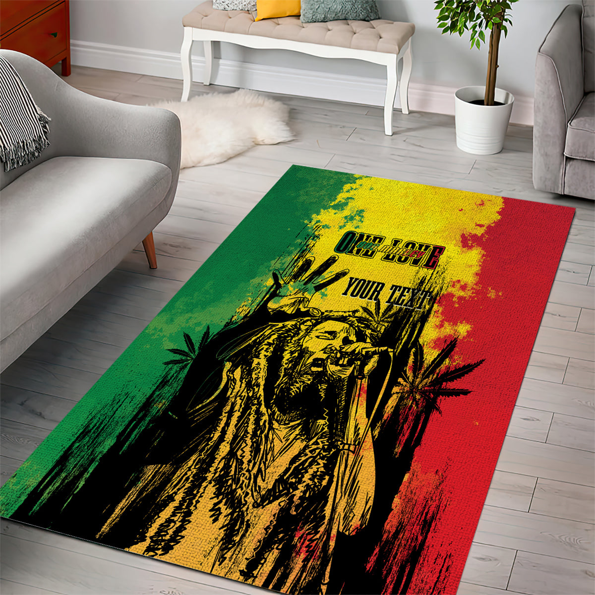 Rectangular area rug featuring graffiti-style lion portrait with green, yellow, and red