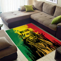 Rectangular area rug with bold graffiti-style lion image in green, yellow, and red