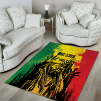 Rectangular area rug showing a graffiti-style lion portrait in green, yellow, and red