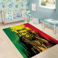 Rectangular area rug with graffiti-style lion portrait in green, yellow, and red