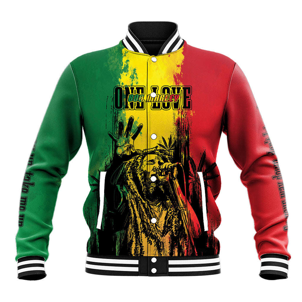 Men's baseball jacket with multicolor red green yellow graphic, striped collar and cuffs