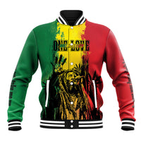 Men's baseball jacket with multicolor red green yellow graphic, striped collar and cuffs