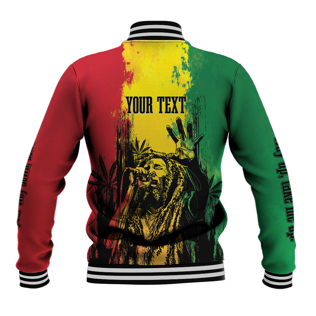 Back of baseball jacket, red green yellow graphic with 'YOUR TEXT', striped rib hem