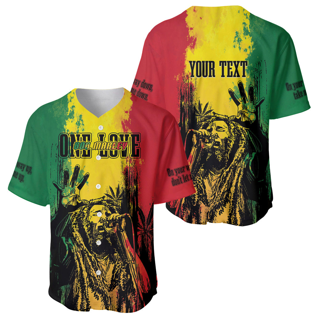Pair of baseball jerseys with V-neck; Bob Marley logo and 'YOUR TEXT' in green, yellow, red