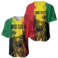 Pair of baseball jerseys with V-neck; Bob Marley logo and 'YOUR TEXT' in green, yellow, red