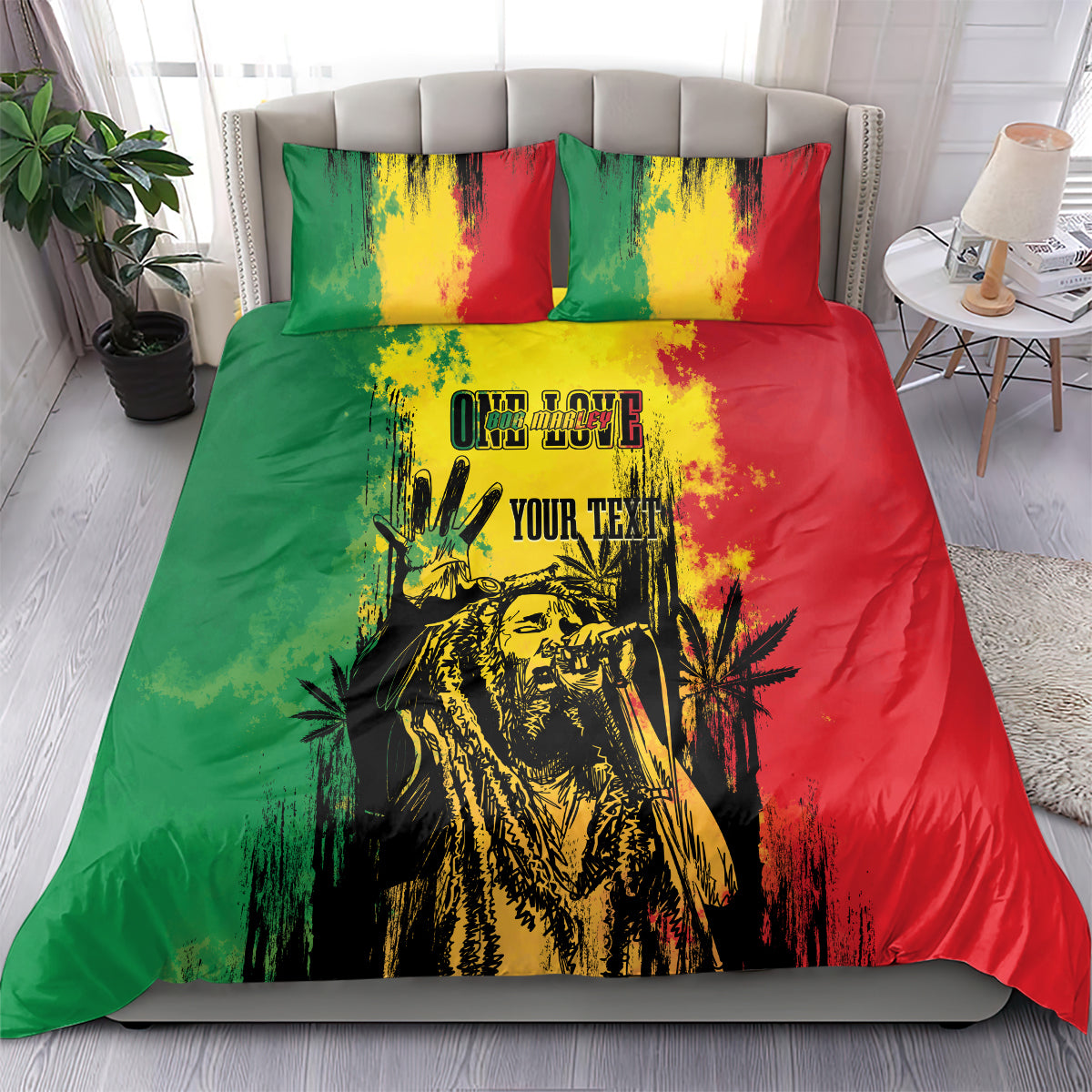 Reggae grunge bedding set on bed with green, red, yellow graphic and two pillowcases