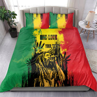 Reggae grunge bedding set on bed with green, red, yellow graphic and two pillowcases