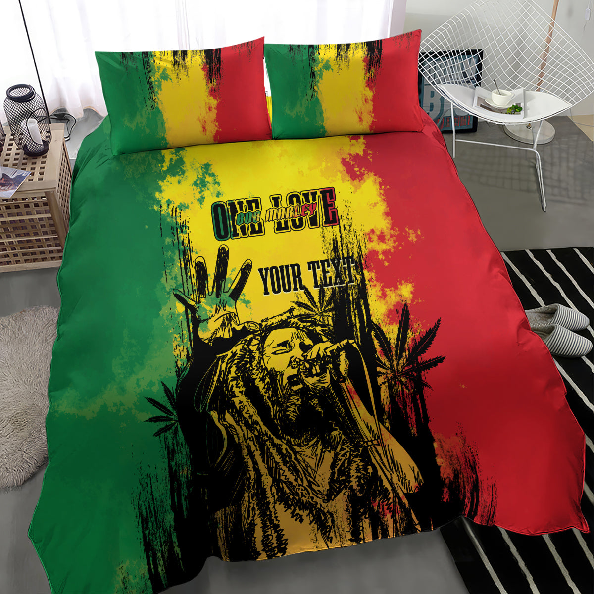 Reggae grunge bedding set with green, red, yellow center graphic and two pillowcases