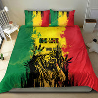 Reggae grunge bedding set with bold green, red, yellow artwork and two pillowcases