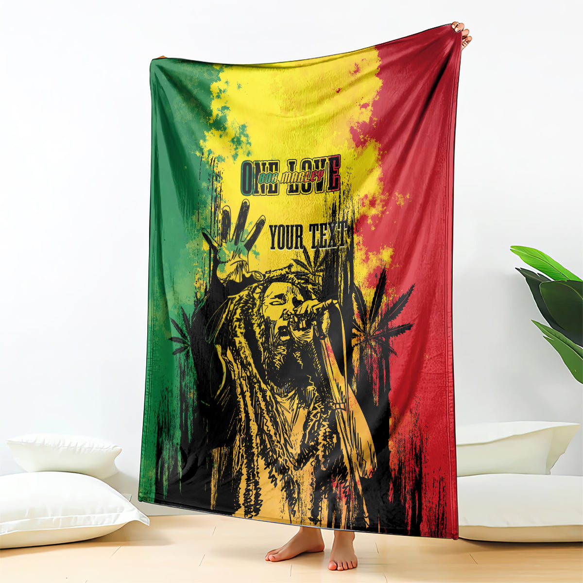 Personalized blanket draped indoors, featuring reggae grunge face on green and red
