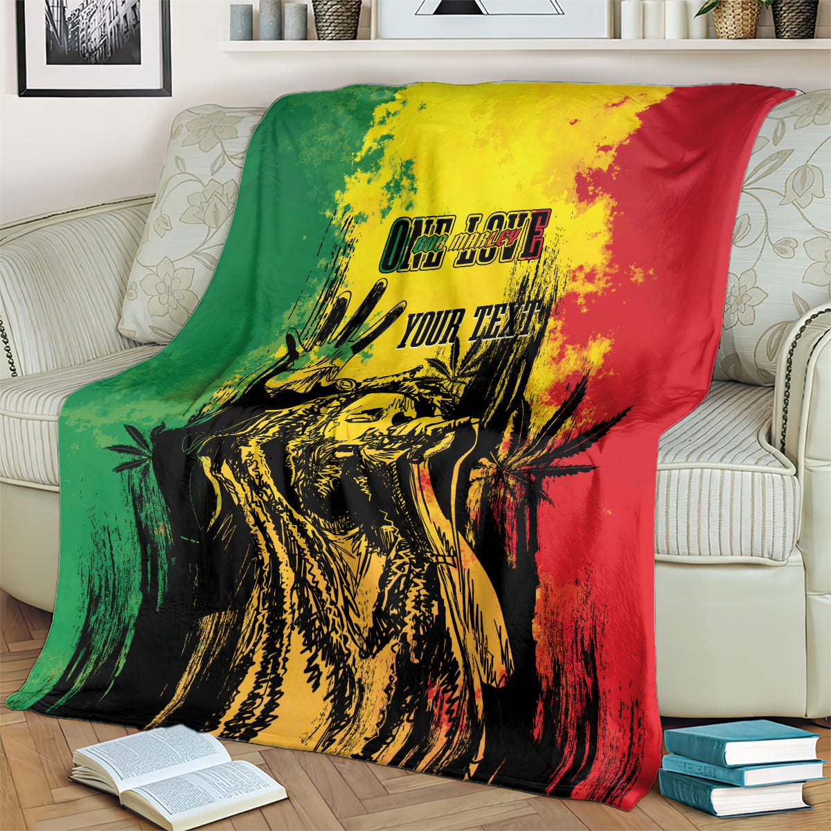 Personalized blanket with reggae grunge print, green left and red right with yellow