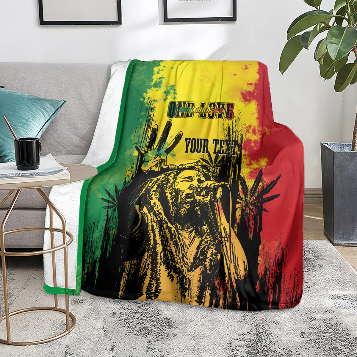 Personalized blanket on floor with green and red reggae grunge portrait and yellow highlights