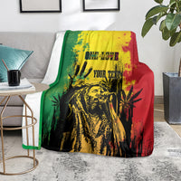Personalized blanket on floor with green and red reggae grunge portrait and yellow highlights