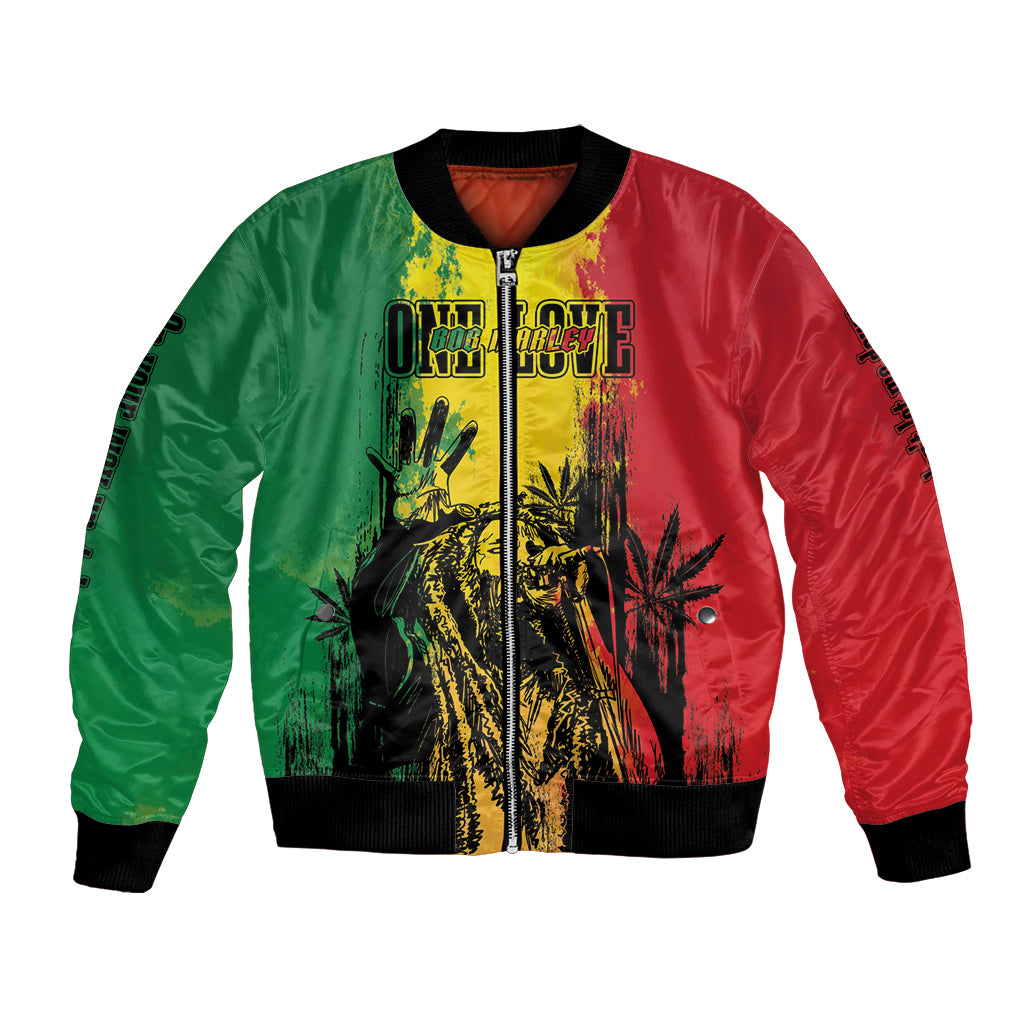 Reggae bomber jacket, full-zip front, bold yellow/green/red graphic on front