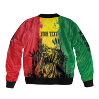 Reggae bomber jacket back with 'YOUR TEXT' print; red, green, and yellow graphic
