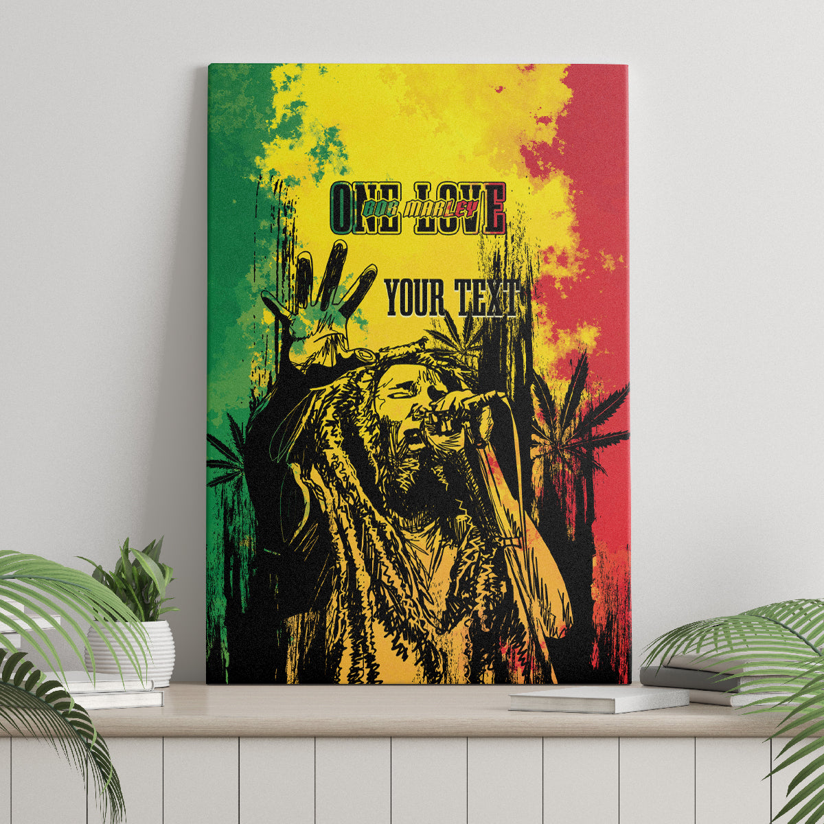 Canvas wall art portrait in reggae green, yellow, and red with 'YOUR TEXT'