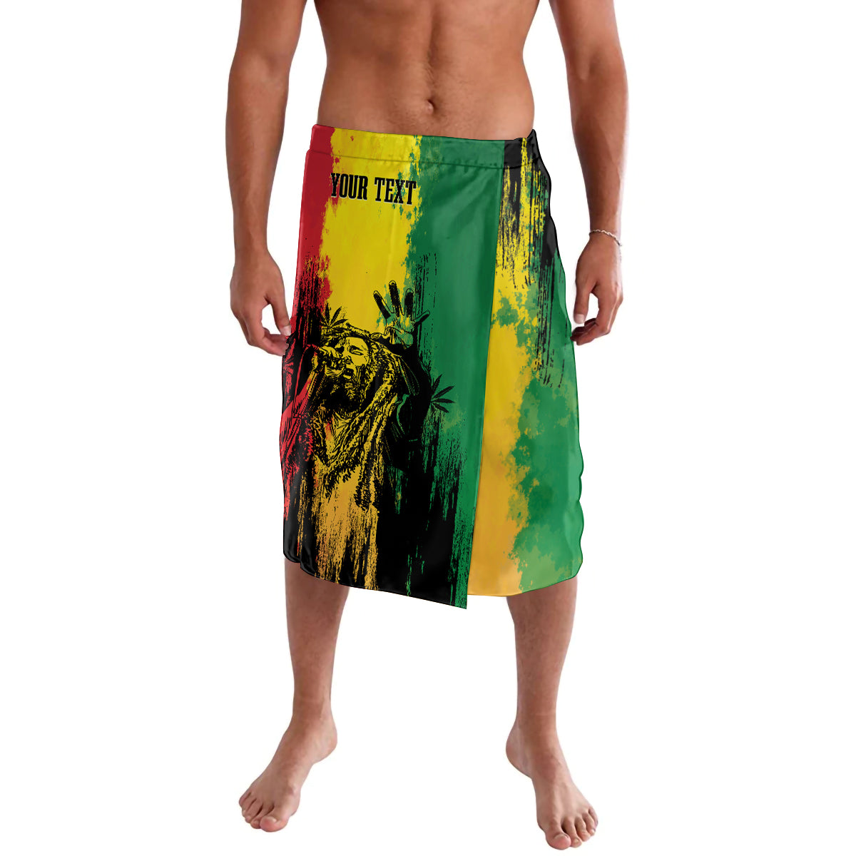 Personalized lavalava shorts with reggae grunge print and 'YOUR TEXT' waistband