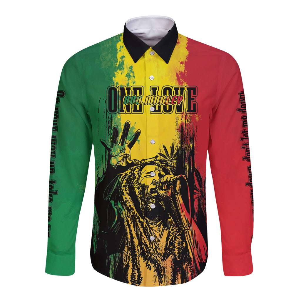 Long sleeve button shirt with reggae-style front graphic in green, red, and yellow