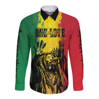 Long sleeve button shirt with reggae-style front graphic in green, red, and yellow