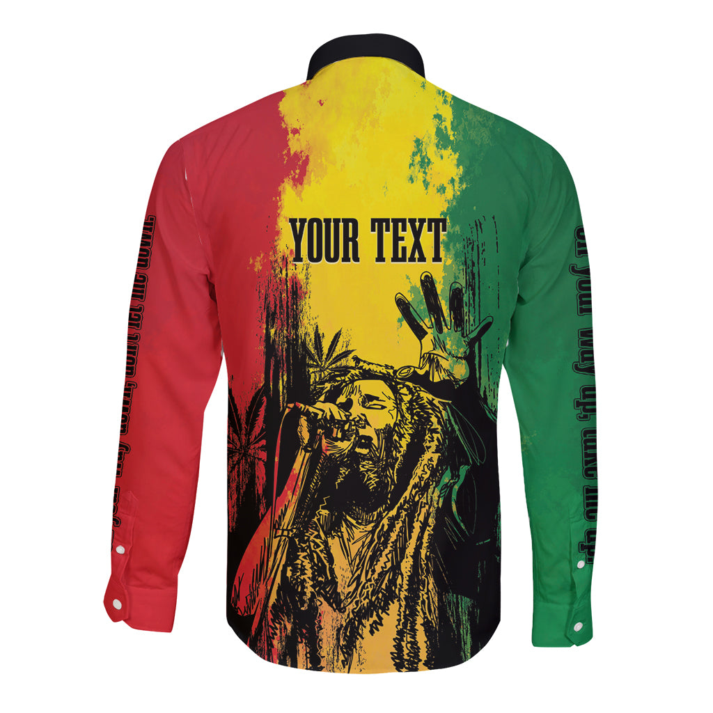 Long sleeve button shirt with back graphic and 'YOUR TEXT' in red, green, and yellow