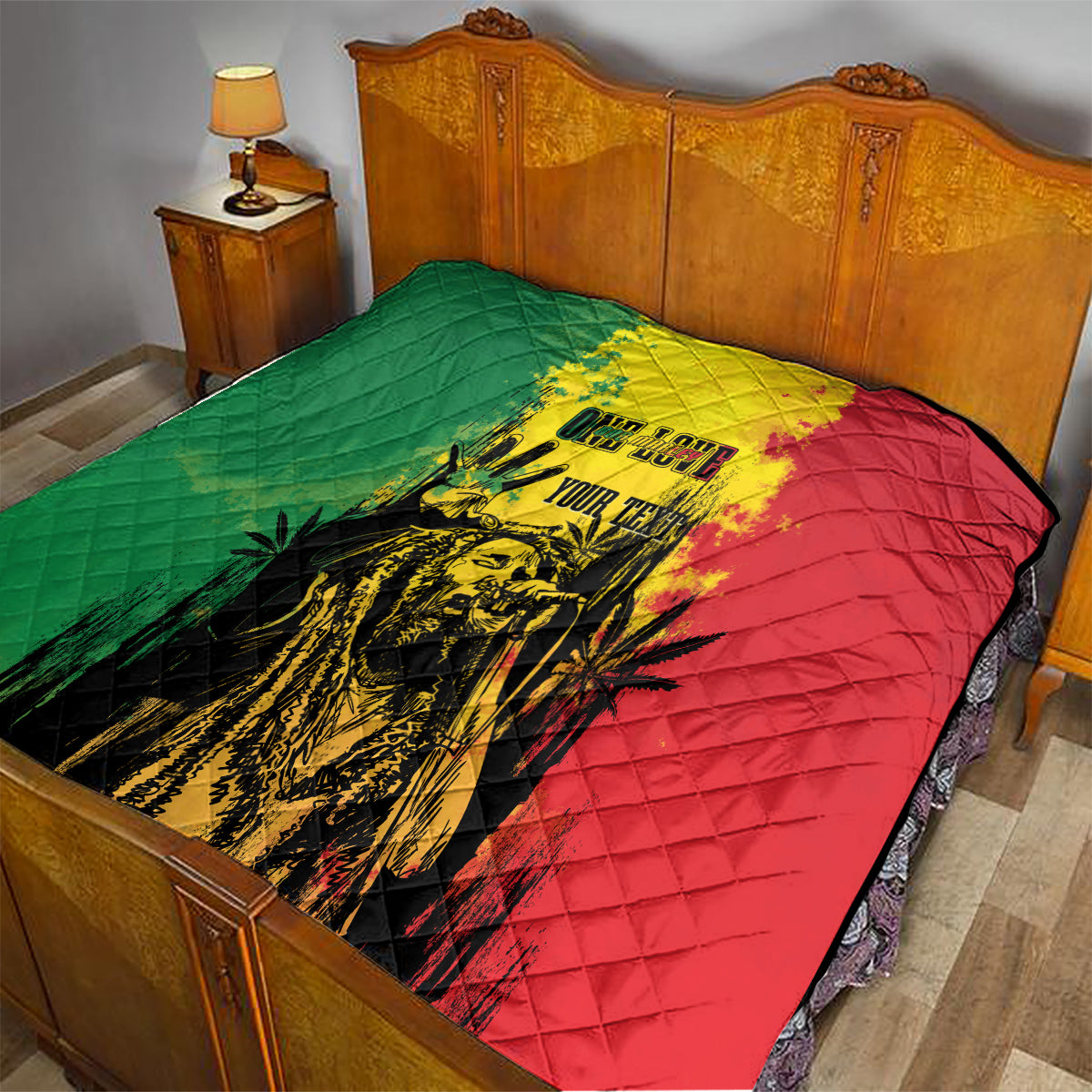 Reggae grunge quilt blanket draped on bed with green, yellow, and red diamond quilting