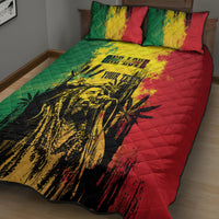 Quilt bed set with green side, red side, yellow center and black portrait artwork