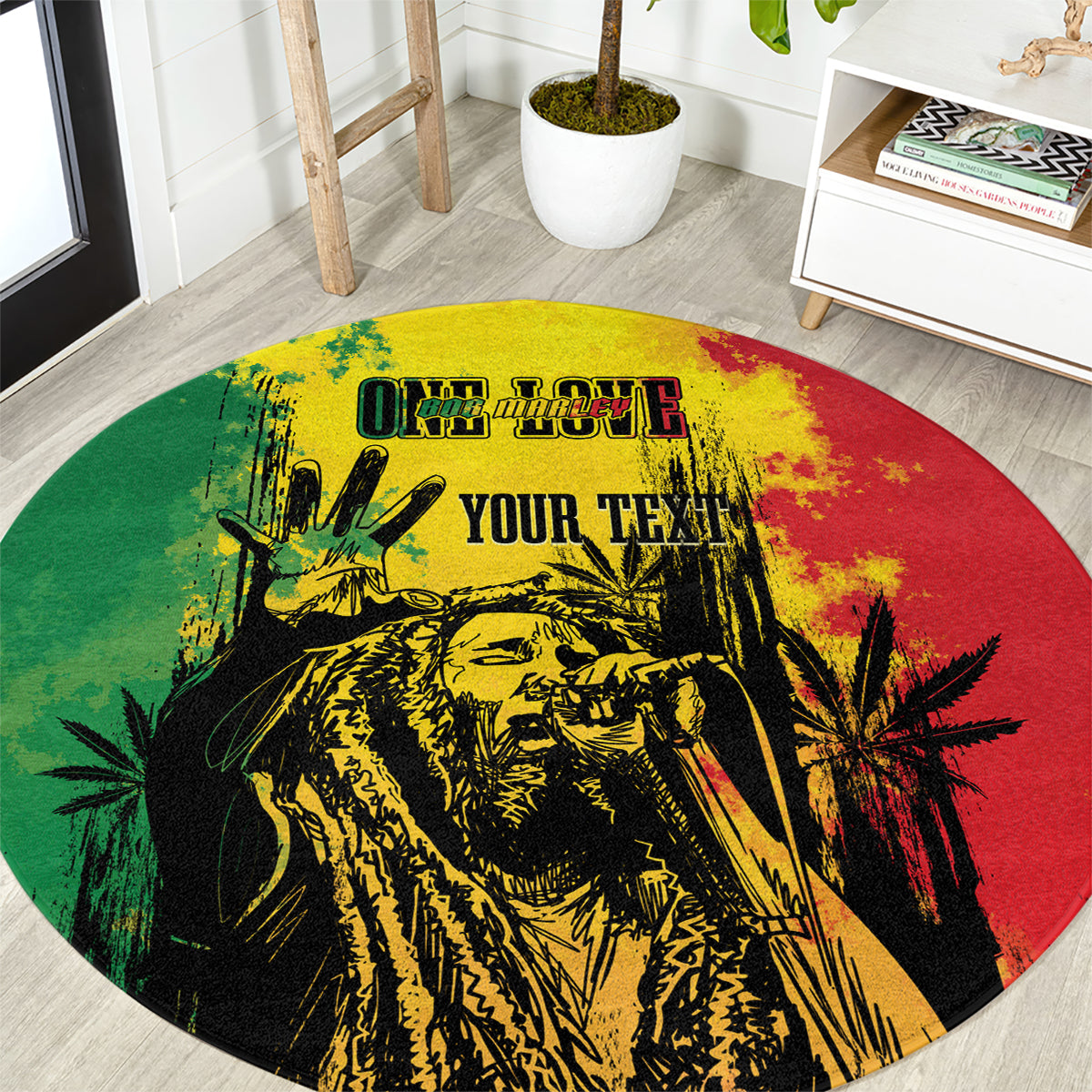 Round reggae grunge area rug with green, red, and yellow graphic and black “YOUR TEXT” text